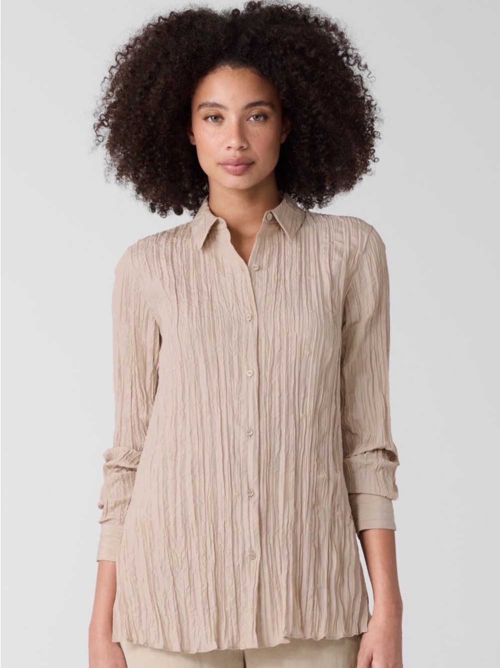 NWT Eileen Fisher Beige Crinkled Button-Front Long-Sleeve Shirt Jacket